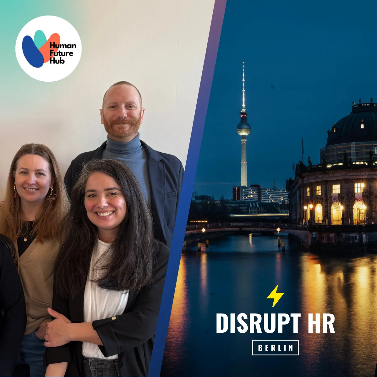 Promotional banner for DisruptHR Berlin: the Human Future Hub mark beside a group photograph and a night view of Berlin.