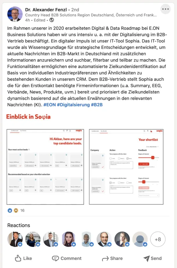 Screenshot of a LinkedIn post by E.ON's Country Head B2B Solutions about the Sophia tool, with two product screenshots below the text.