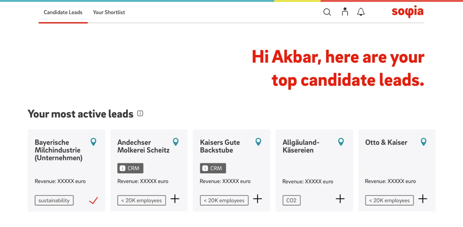 Candidate leads dashboard listing five company cards with tags and masked revenue figures.