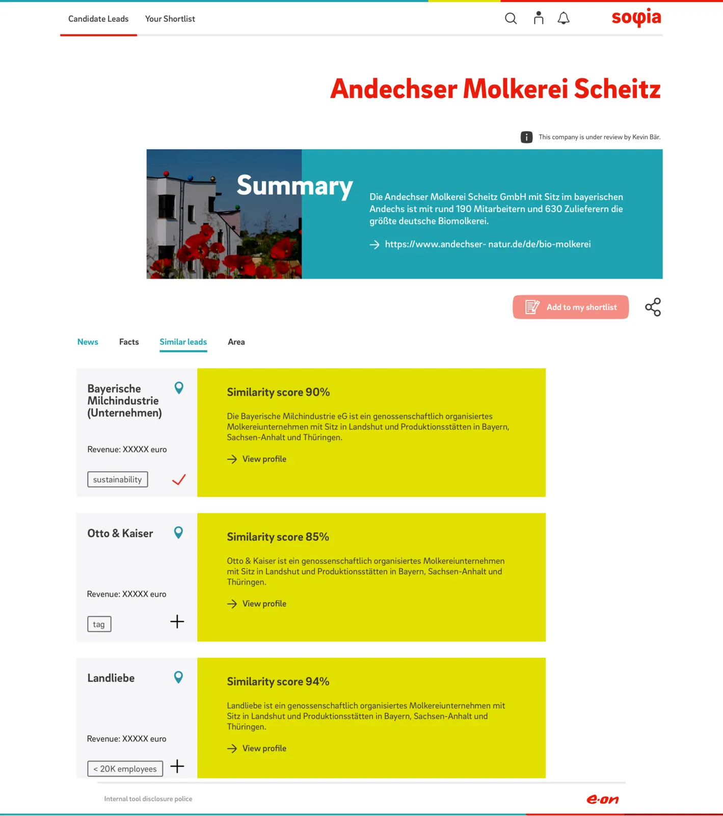Company profile page in Sophia listing three similar leads, each with a percentage match score and a short description.