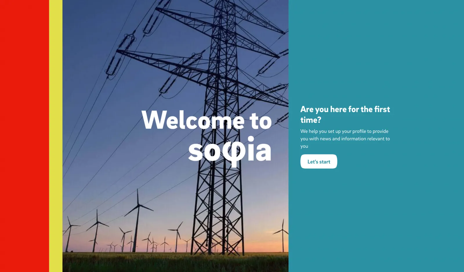 Welcome screen of the Sophia tool: a electricity pylon and wind turbines at dusk beside a teal panel reading 'Welcome to Sophia'.