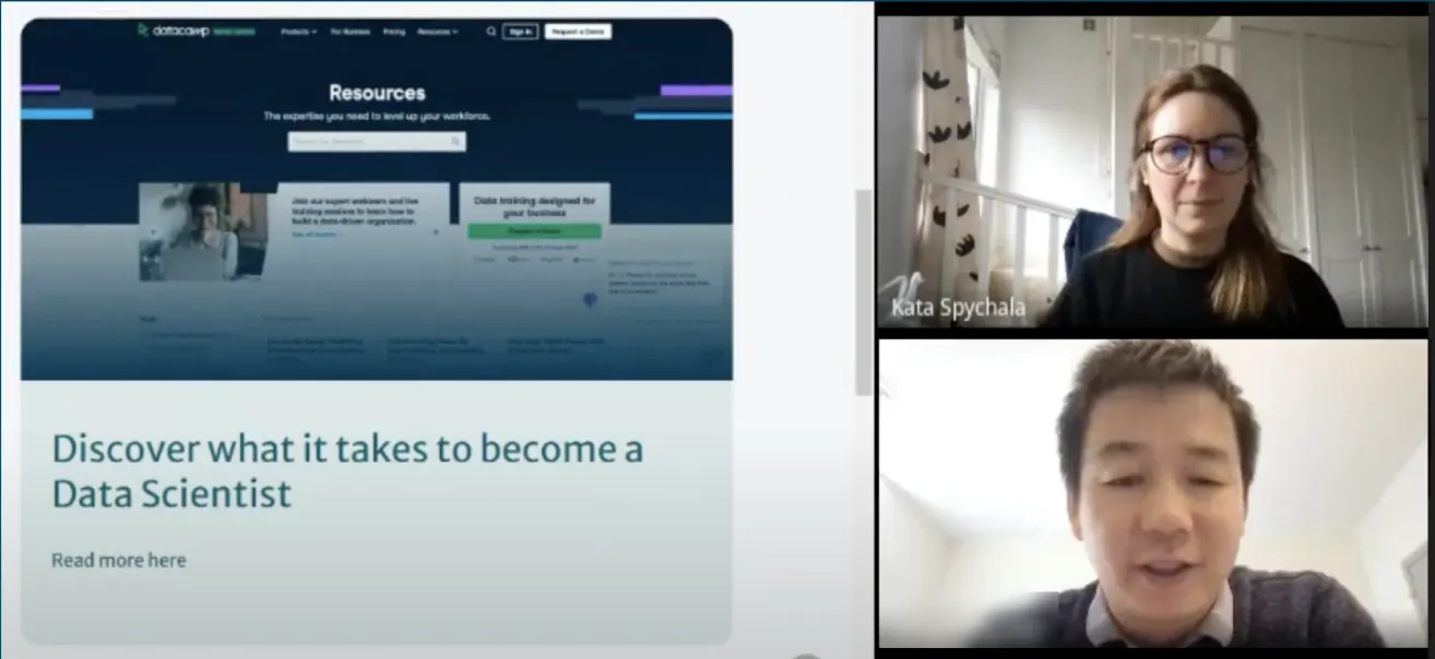 Video call showing a presentation of an established platform's resources page beside two participant cameras.