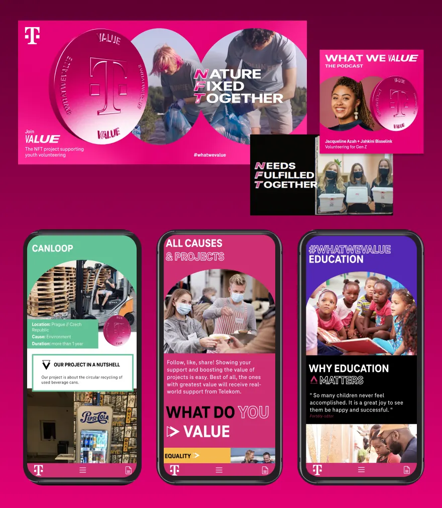 Campaign visuals and three mobile app screens for #WhatWeValue, including a project card for a can-recycling initiative in Prague.