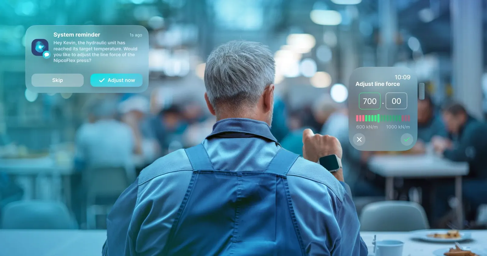 Concept screen showing a notification and a line-force adjustment panel floating above a factory worker seen from behind, looking at his smartwatch.