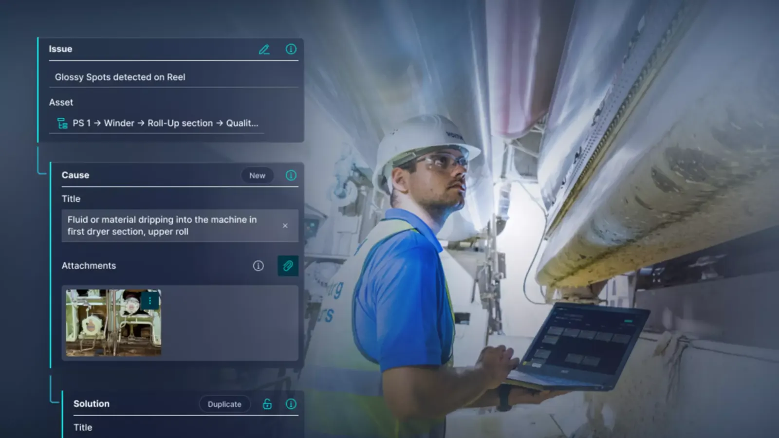 Troubleshooting screen with issue, cause and solution cards set over a photograph of an engineer working at a machine.